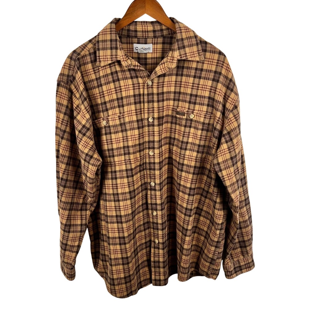 Carhartt Plaid Button Down Shirt Mens XL Long Sleeve Brown Cotton Layering Work
